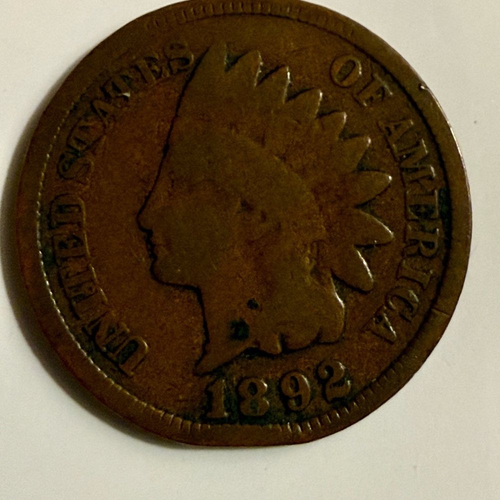 One cent US coin penny 1892 Indian head - ungraded uncertified. Circulated.